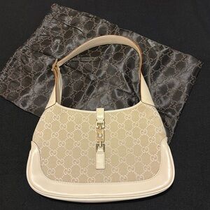 Vintage Gucci Jackie 1961 Cream Canvas Monogram Leather Shoulder Bag